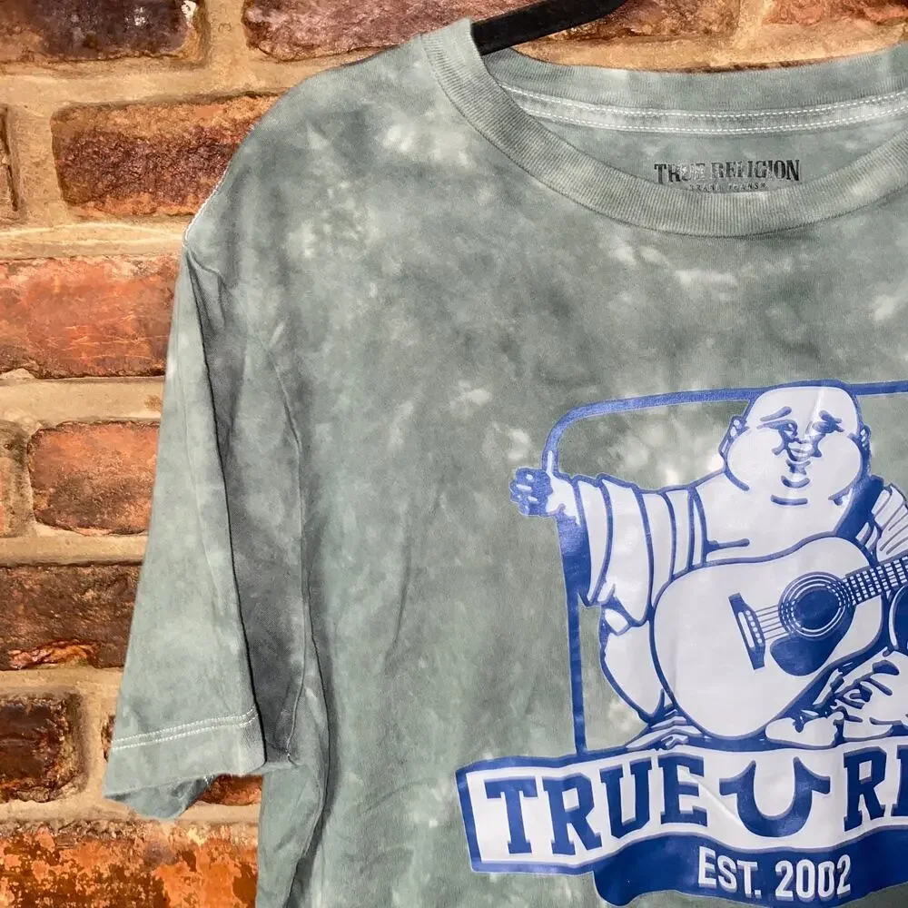 True Religion Green Tie Dye Buddha Logo Short Sleeve Tee T-Shirt Mens Size Large